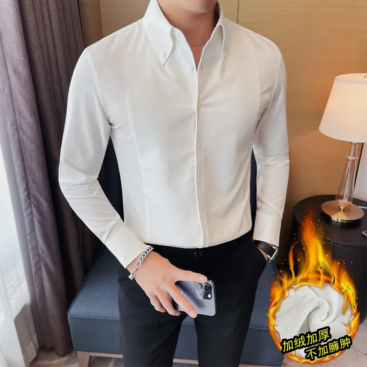 秋冬高级感男士加绒加厚韩版修身休闲百搭白衬衫痞帅纯色长袖衬衣