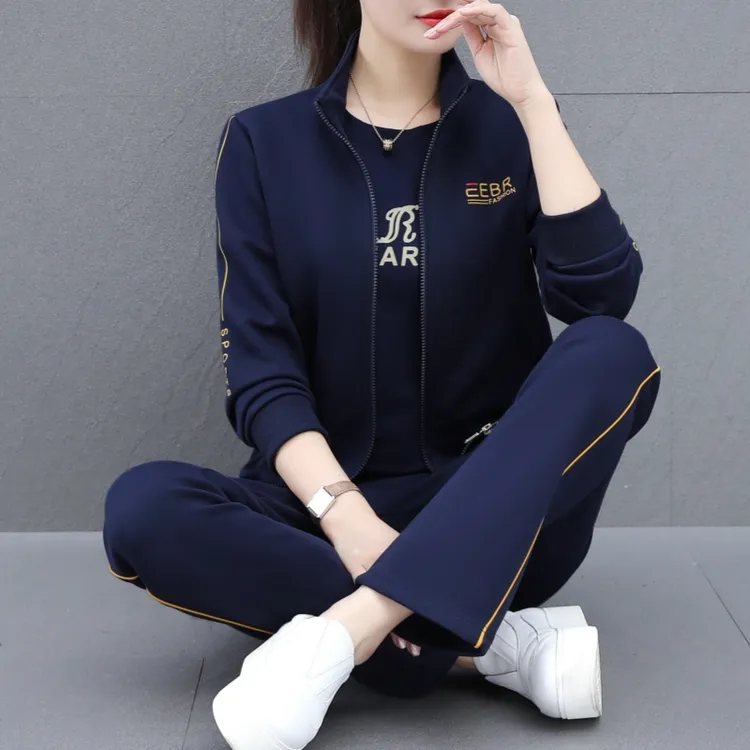 运动套装女秋季2025新款韩版减龄妈妈装宽松休闲服拉链卫衣三件套