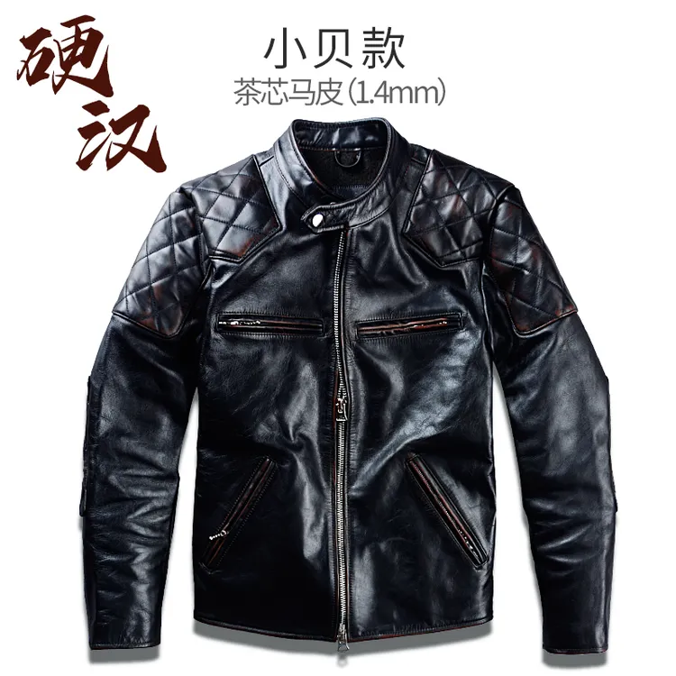 夯实贝克汉姆同款牛皮机车皮衣男夹克立领短款精神菱格双开拉链