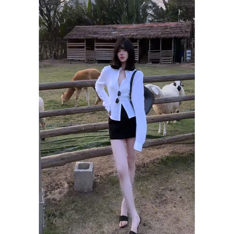 2025春季新款轻职风气质修身长袖衬衫上衣高腰百搭显瘦休闲短裙女