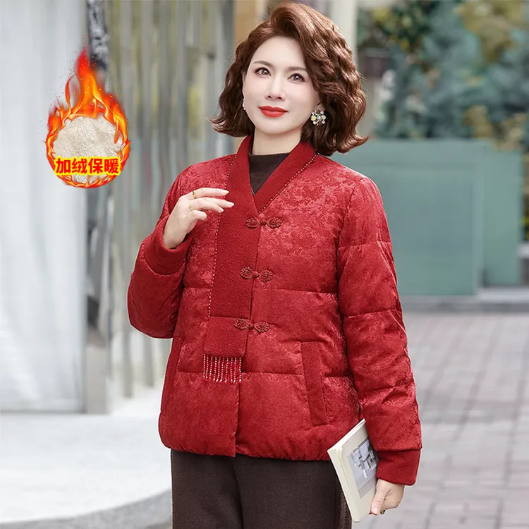 妈妈装冬季国风加绒加厚棉服中老年女装新中式保暖棉袄外套女款