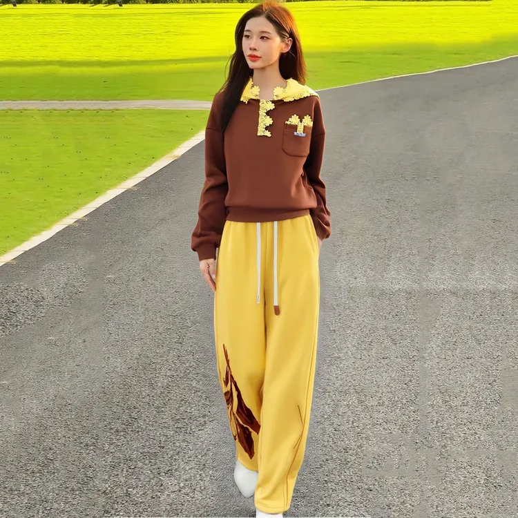 咖色蕾丝连帽长袖卫衣女2025新款复古叶子秋黄设计感阔腿裤两件套