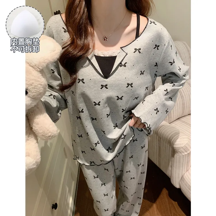 春秋季睡衣女款爆款2025新款大码带胸垫舒适可外穿长袖家居服套装