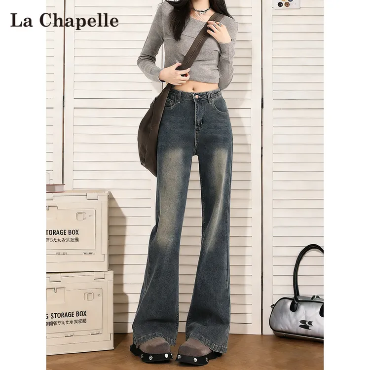 拉夏贝尔高腰加绒微喇牛仔裤女2025新款秋冬小个子复古马蹄喇叭裤