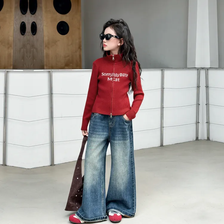 女童套装春秋季2025新款爆款中大童洋气韩版毛衣开衫休闲牛仔裤潮