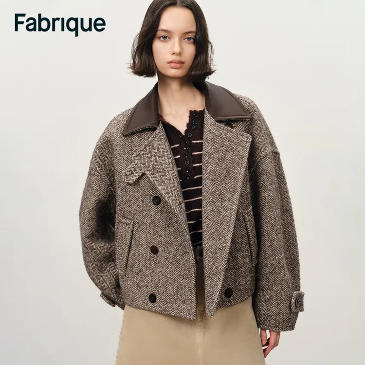 Fabrique【日落乌托邦】灰棕人字纹绵羊毛微茧型双排扣毛呢夹克外套