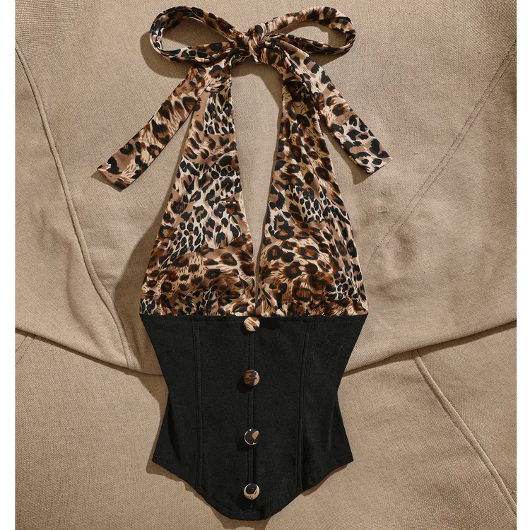 时尚豹纹挂脖吊带背心女设计感小众修身显瘦辣妹性感上衣洋气纯欲