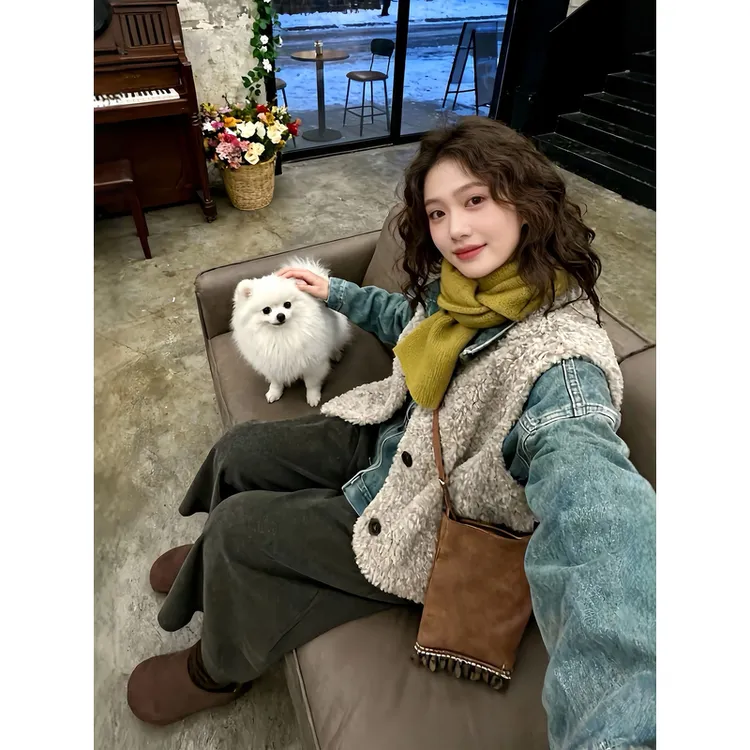 冬季搭配一整套大码胖mm毛毛马甲衬衫阔腿裤高级复古叠穿三件套装