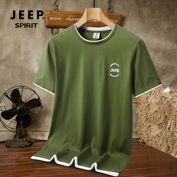 JEEPSPIRIT吉普男士短袖圆领假两件夏季运动休闲T恤大码百搭透气