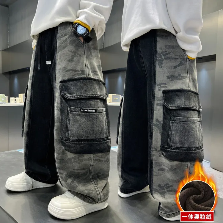 男童加绒牛仔裤2025新款中大童一体绒阔腿裤儿童冬季痞帅工装裤子
