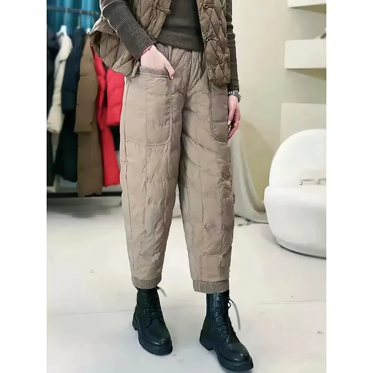 纯色盘扣压线防风保暖棉裤冬季新款绒棉裤女加绒加厚文艺复古