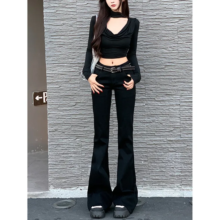 黑色低腰辣妹微喇牛仔裤女2025年秋季新款弹力修身百搭显瘦马蹄裤