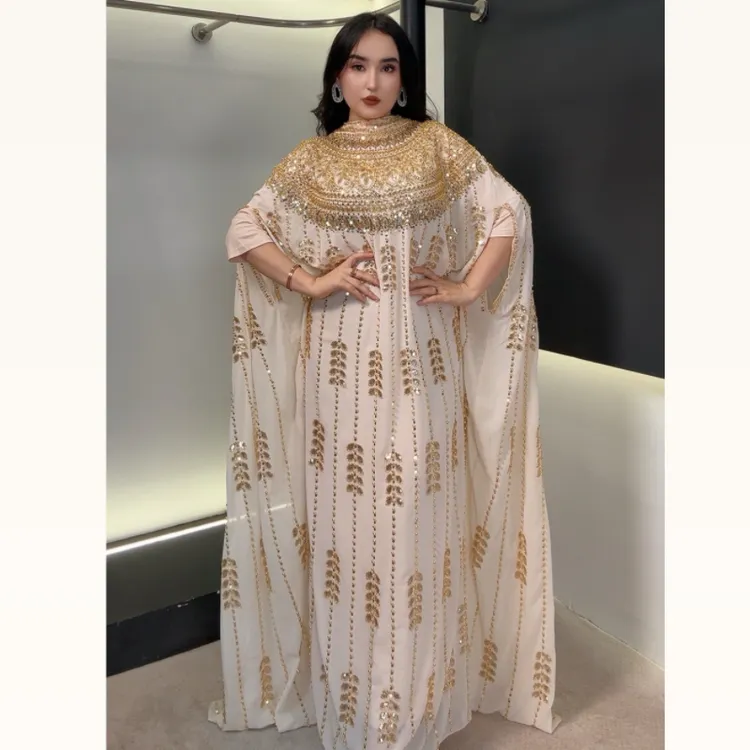 【Mrs MAIMAI】民族风重工烫钻时尚洋气优雅手缝钉珠长款连衣裙A265