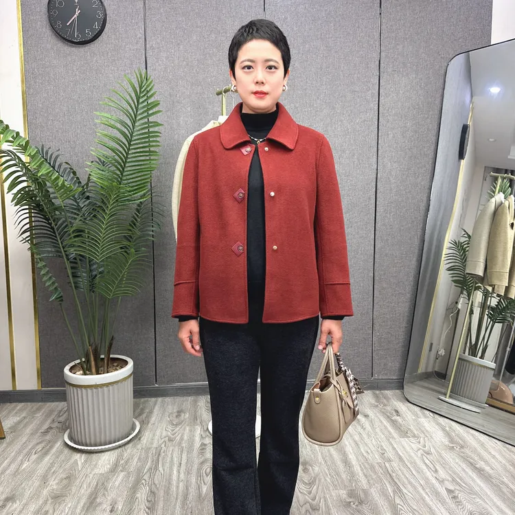 中老年妈妈装秋冬季双面毛呢短外套大衣气质时尚