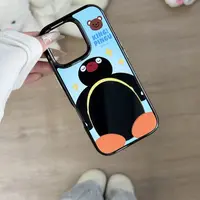 黑边ins磨砂企鹅pingu镜面小熊补妆镜卡通防摔适用于苹果16/15
