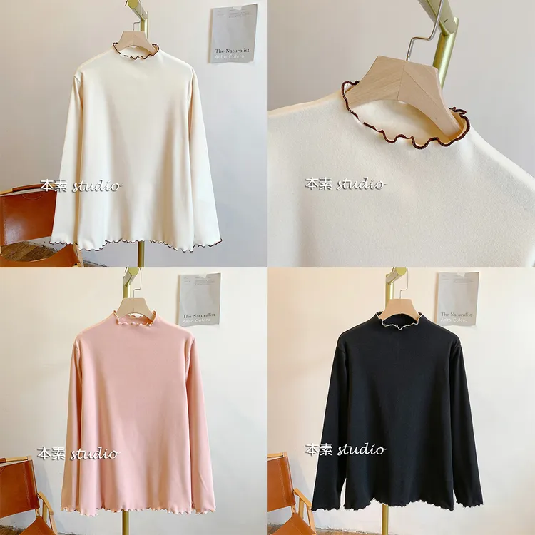 问心C2188磨毛德绒弹力刺绣木耳边半高领打底衫T恤