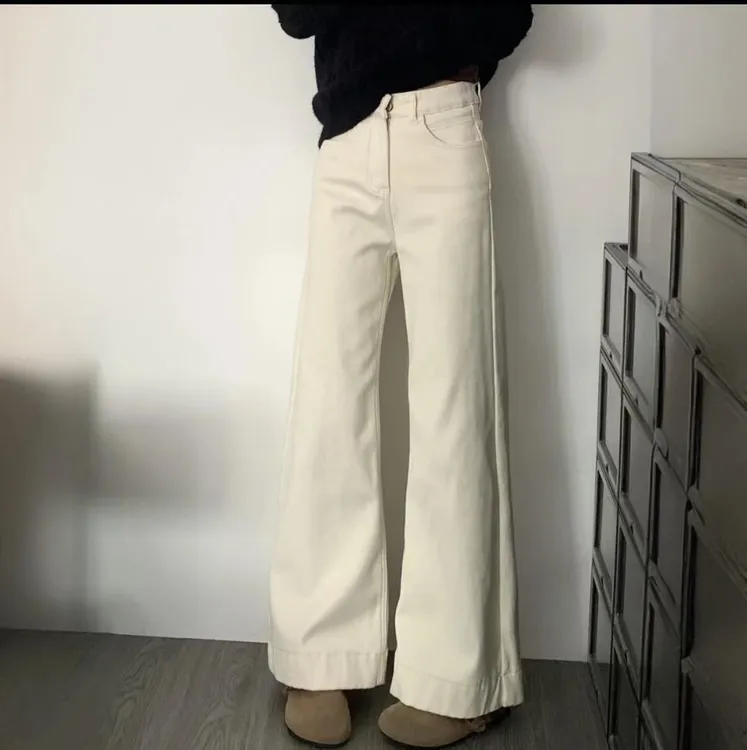 小个子夏季高腰显瘦直筒阔腿长裤女美式米白色不贴腿微喇叭牛仔裤