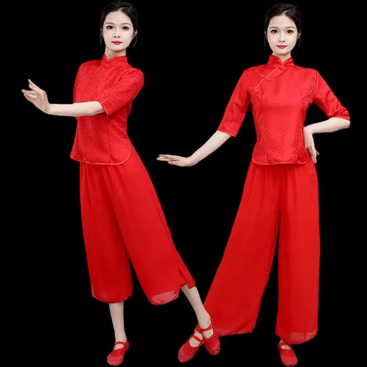 新款夏红色中式民族风扇子舞演出服中老年广场舞秧服打鼓表演服
