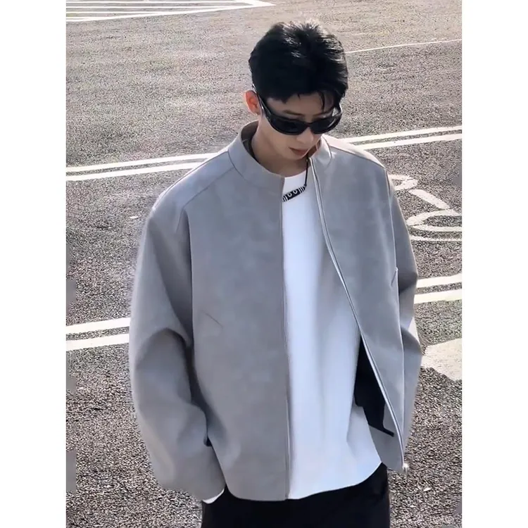 灰色雾面皮衣外套男春秋痞帅立领机车夹克美式正肩短款广州棒球服