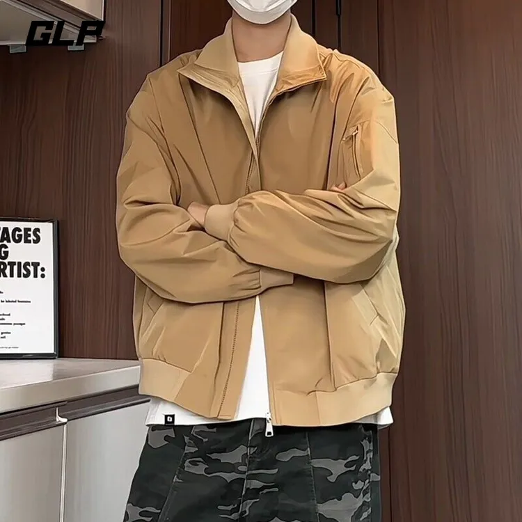 春装新款纯色个性短款设计立领飞行员夹克男休闲百搭上衣男士外套