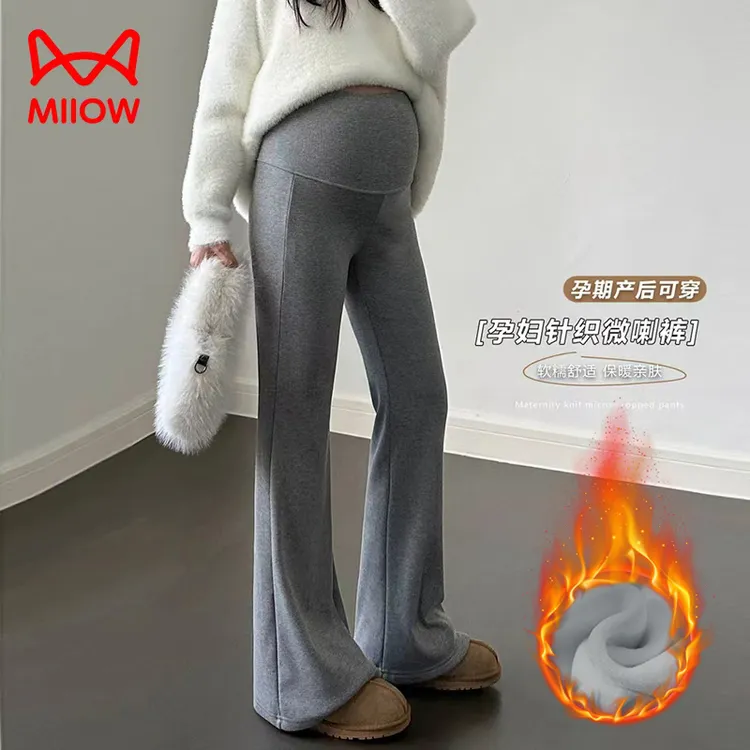 MiiOW/猫人孕妇针织微喇裤秋冬季外穿加绒加厚高腰托腹微喇休闲裤