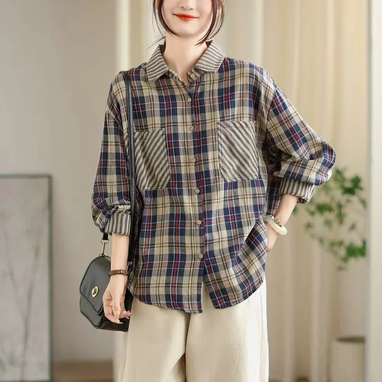 2025秋季新款文艺休闲简约纯棉格纹衬衫女装宽松显瘦百搭休闲衬衣