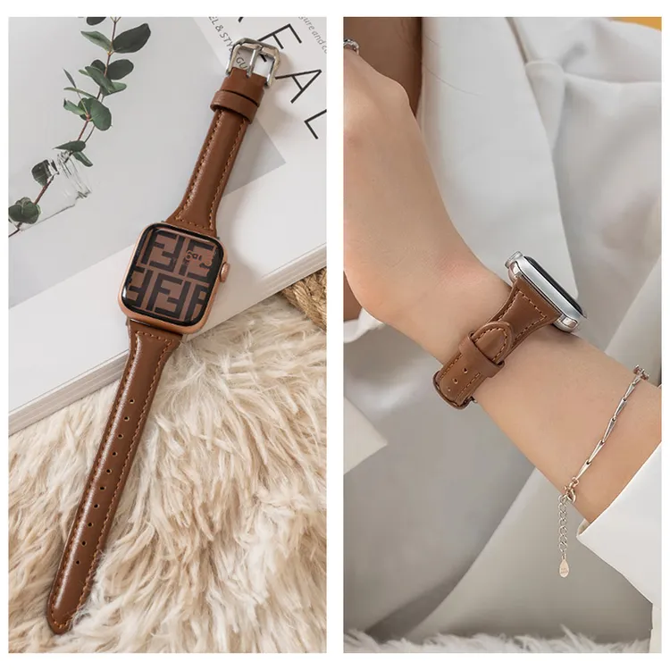 适用苹果AppleiwatchS11细款小蛮腰真皮S10/9/8UltraSE手表带腕带