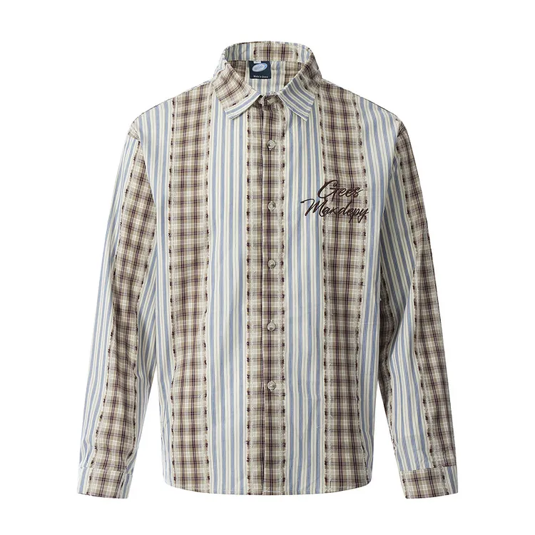 美式休闲潮流宽松条纹拼接长袖衬衫欧美街头复古刺绣长衬中性风