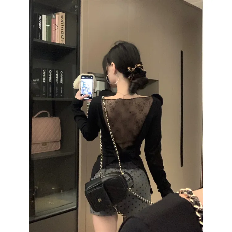黑色打底衫女秋季新款蕾丝长袖T恤内搭辣妹设计感小众百搭上衣