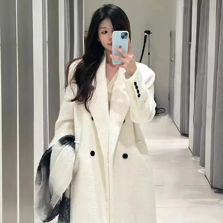 仿貂绒呢子大衣女2025秋冬新款高贵气质赫本风中长款白色毛呢外套