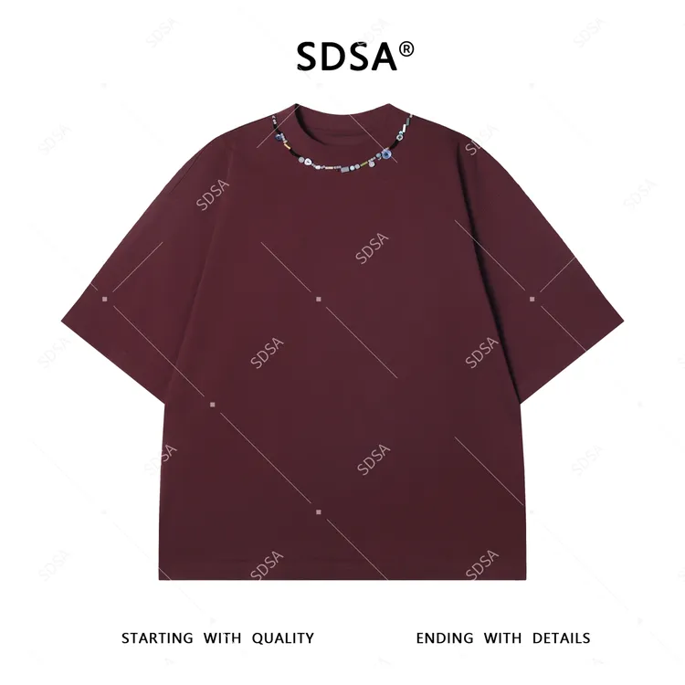 夏季高级感新款男士简约领口立体珠子纽扣装饰短袖T恤重磅时尚潮