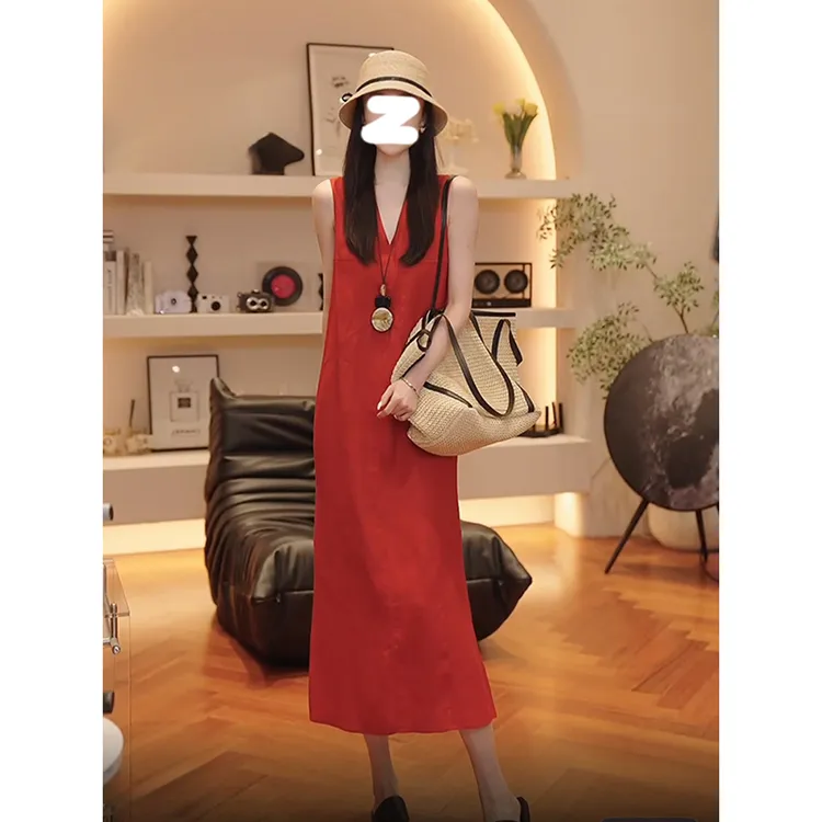 法式红色连衣裙女2025夏新款复古海边度假订婚小红裙日常可穿裙子