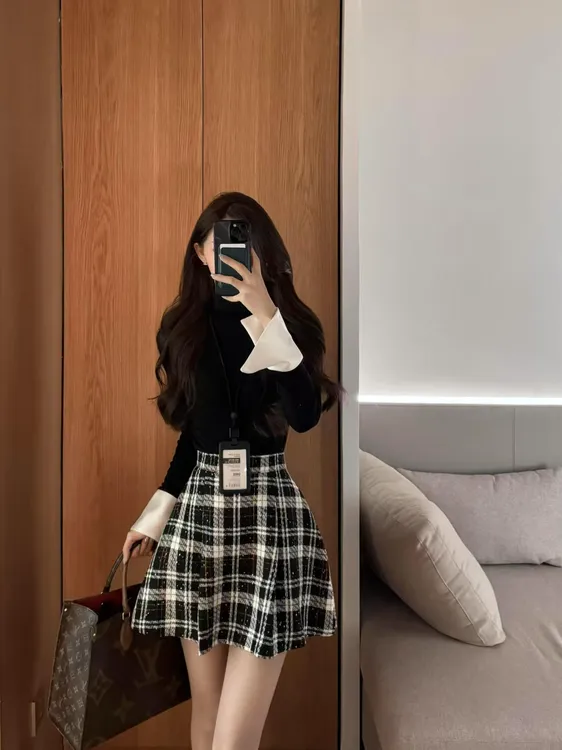【千金大小姐】过年套装时尚黑色拼接白色衬衫格子半裙复古显瘦韩系
