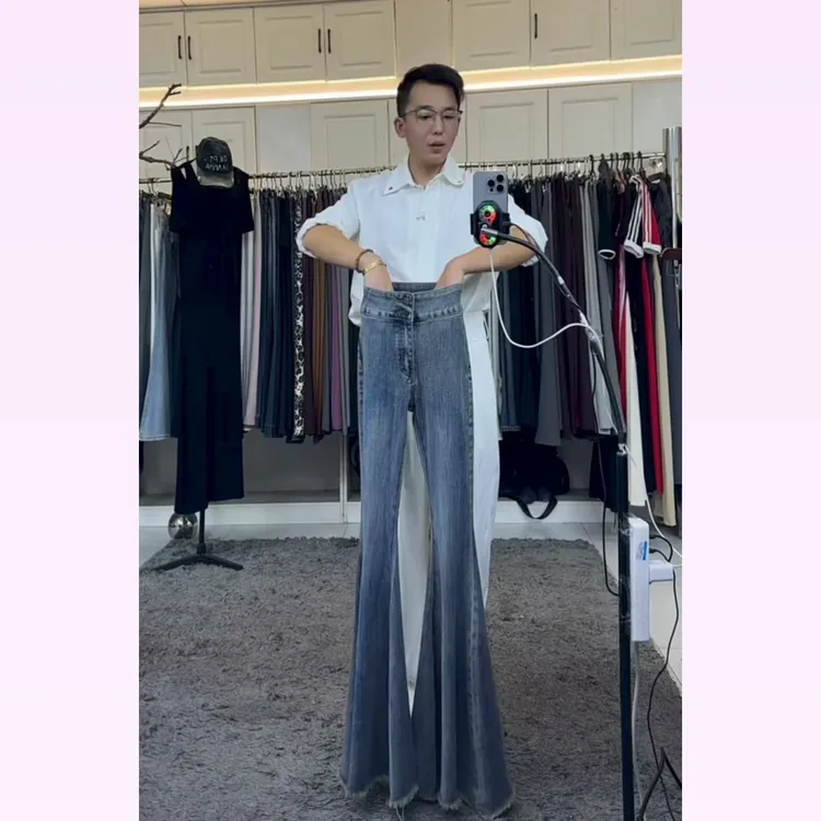 2燕龙服饰2005大喇叭修身毛边裤脚定制加长女复古高腰显瘦牛仔裤