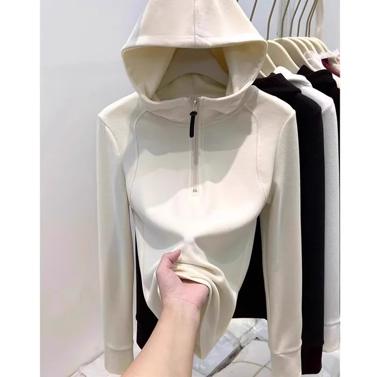 芯娇晴欧货新款半拉链双面德绒连帽卫衣女春秋加绒打底衫上衣帽衫