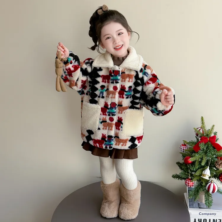 女童外套秋冬季2025新款儿童冬装加绒羊羔绒宝宝洋气中长款毛毛衣