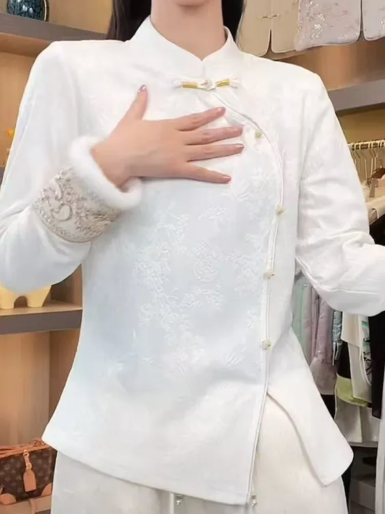 J031新中式打底衫女冬加绒加厚国风内搭上衣秋冬D提花刺绣长袖t恤