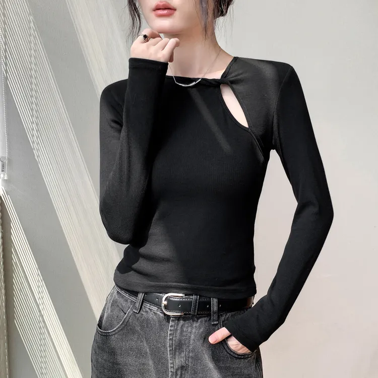 扭结镂空别致长袖t恤女秋季新款修身别致外穿上衣时尚洋气打底衫