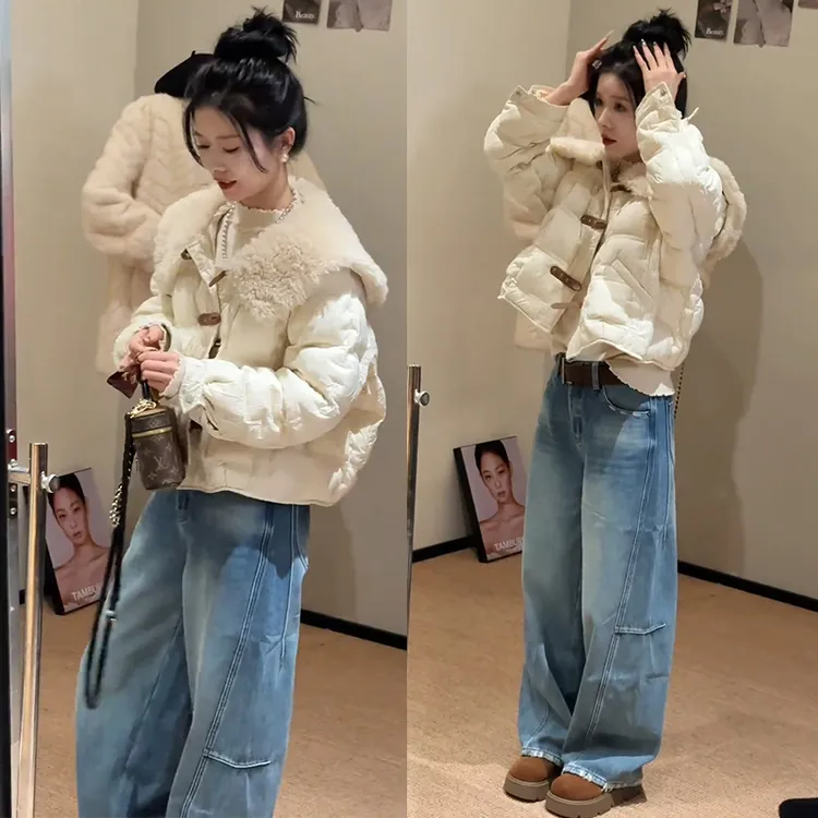 冬季时尚穿搭2025年新款设计感牛角扣翻领短款棉服牛仔裤两件套装