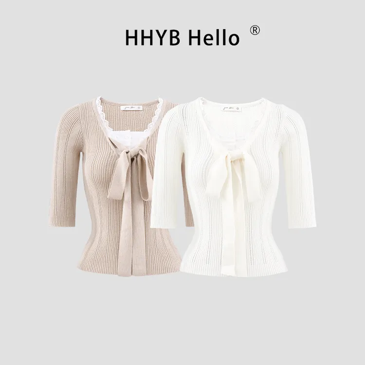 HHYB Hello蕾丝边假两件系带针织衫女2025秋季七分袖上衣M1492