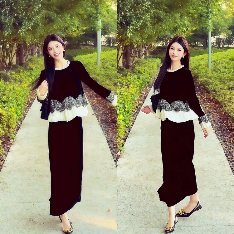 网红时尚炸街新款女装时尚长裙秋季时尚套装显瘦千金风金丝休闲风