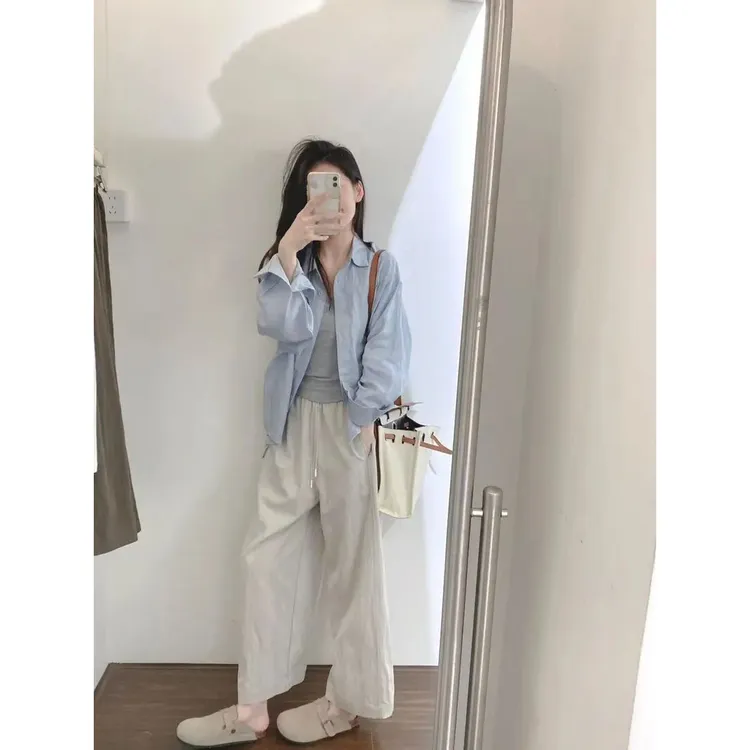 早春穿搭一整套女装2025蓝色衬衫上衣吊带百搭休闲阔腿裤三件套