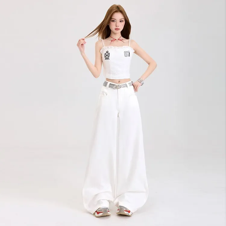 JWUW美拉德穿搭 白色休闲裤女春秋宽松直筒垂感潮流拖地阔腿裤