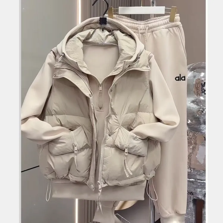 时尚韩版休闲加绒套装女秋冬新款连帽卫衣卫裤马甲