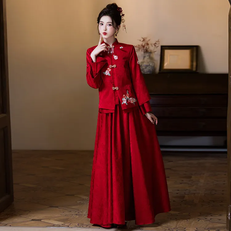 两件套秀禾服新娘结婚长袖敬酒服中国风礼服女中式结婚酒红色复古