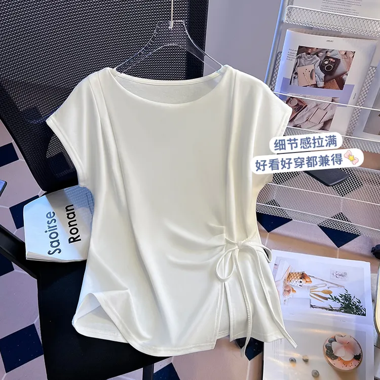 小个子系带正肩短袖T恤女夏季2025设计感收腰绑带开叉别致上衣ins