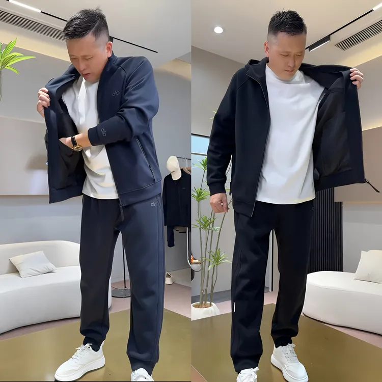 秋季新款高档立领休闲套装男士高级感轻奢连帽开衫外套卫裤两件套