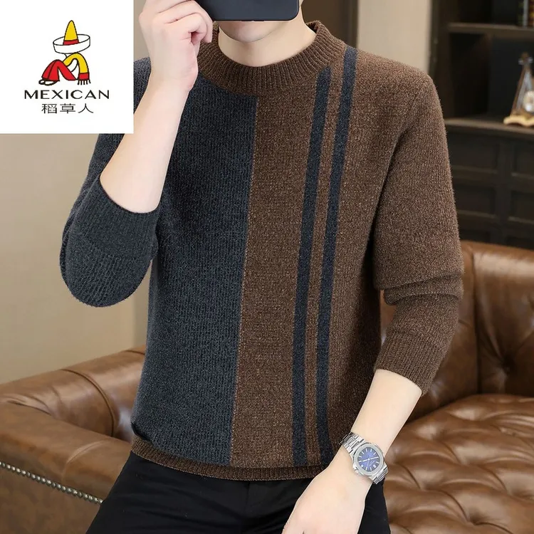 稻草人高档毛衣男圆领拼色条纹针织衫2025秋冬款加厚套头打底衫内