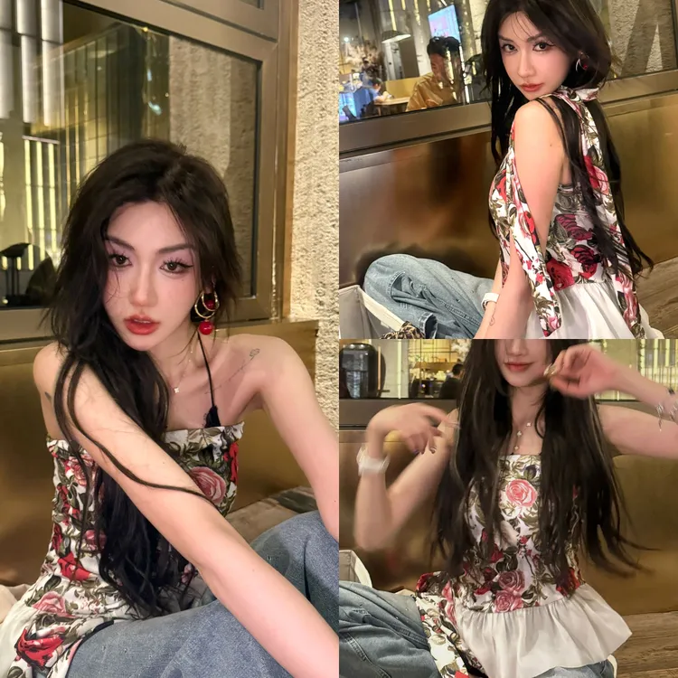 （浠儿姐姐）夏季辣妹通勤外穿海边玫瑰挂脖抹胸上衣！有薄杯垫～