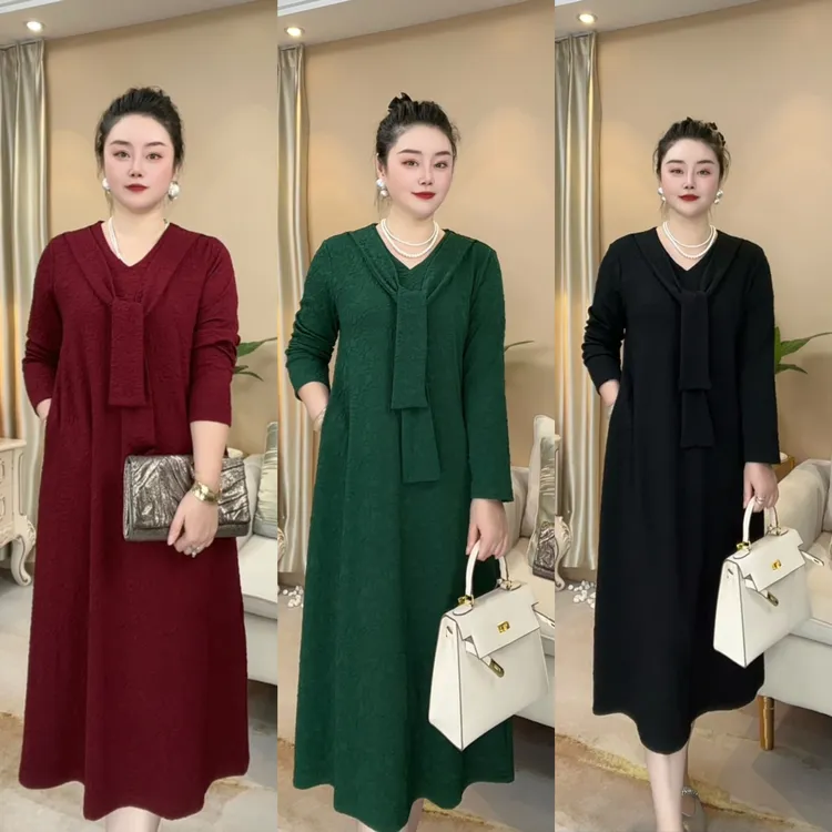 【萱画高定系列】秋季新款时尚洋气妈妈显瘦百搭气质款中长连衣裙